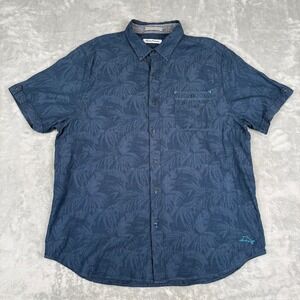 Tommy Bahama Mens Large Blue Palm Tree Print Button Up Shirt Tropical Resort